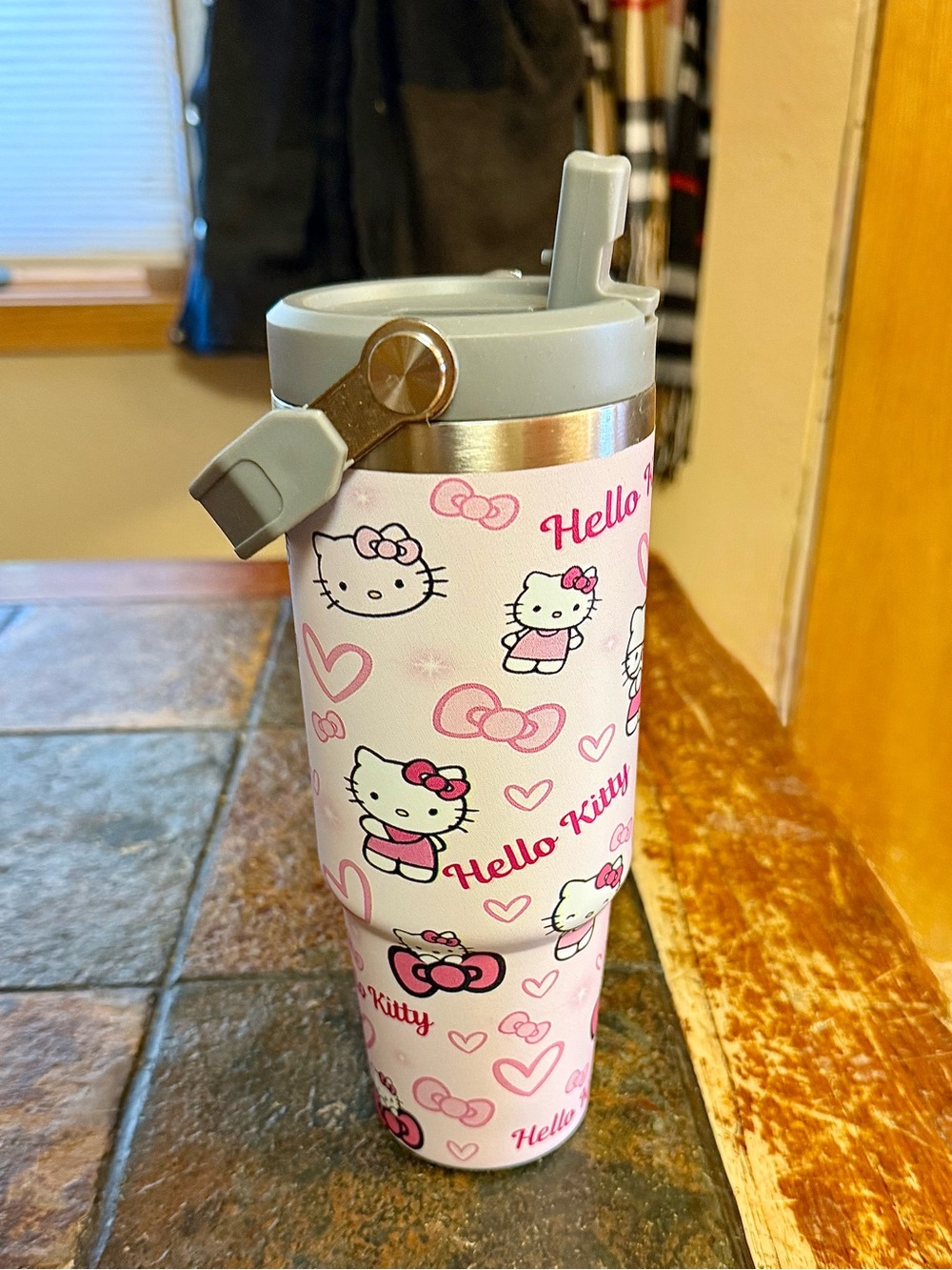 Hello Kitty Pink and Gray Flip-Top Travel Tumbler